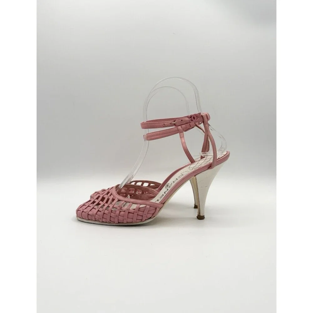 Chanel Pink Basketweave Leather CC Logo Ankle Strap Heels D'Orsay Sz EU 35.5 - Picture 2 of 12